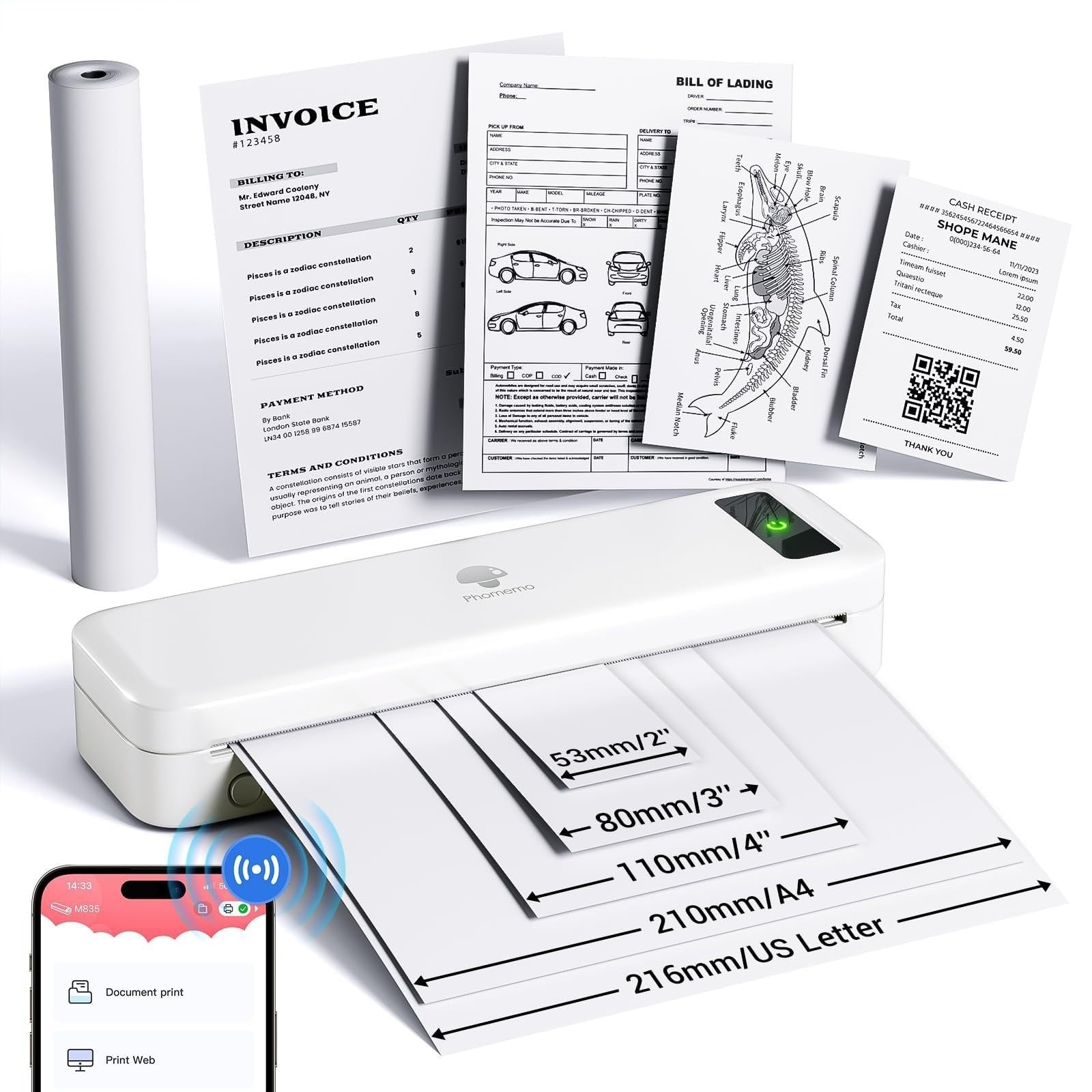 M835 Thermal A4 Mini Office Portable Bluetooth Inkless Printer